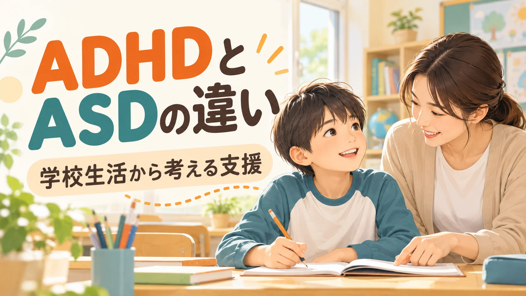ADHDとASDの違い｜学校生活・友達関係で困りやすい場面｜タイトル入りサムネイル（AI生成）