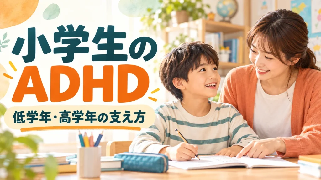 小学生のADHD｜低学年・高学年で変わる学校の困りごと｜タイトル入りサムネイル（AI生成）