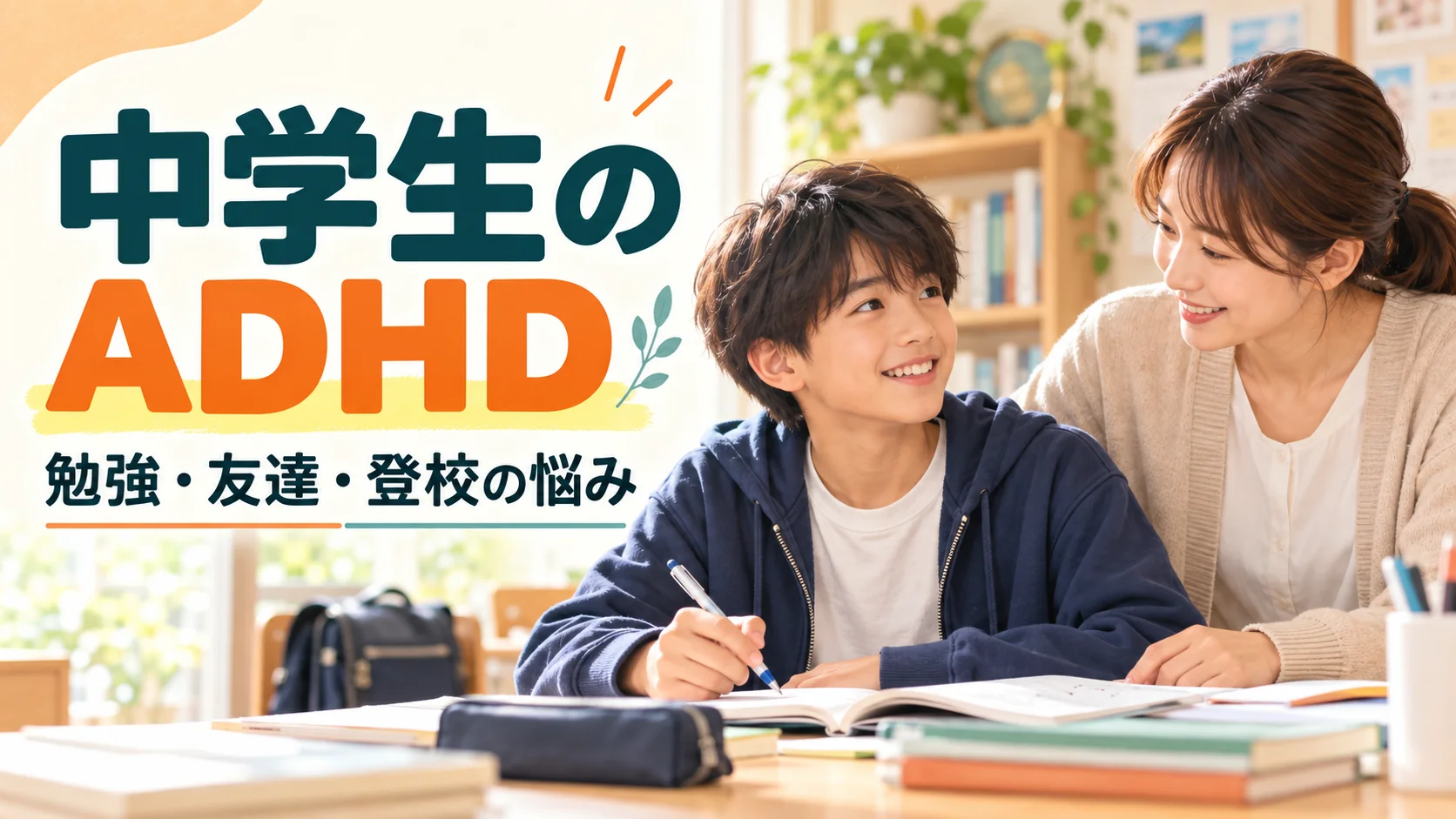 中学生のADHD｜勉強・友達・登校の悩みと学び方｜タイトル入りサムネイル（AI生成）