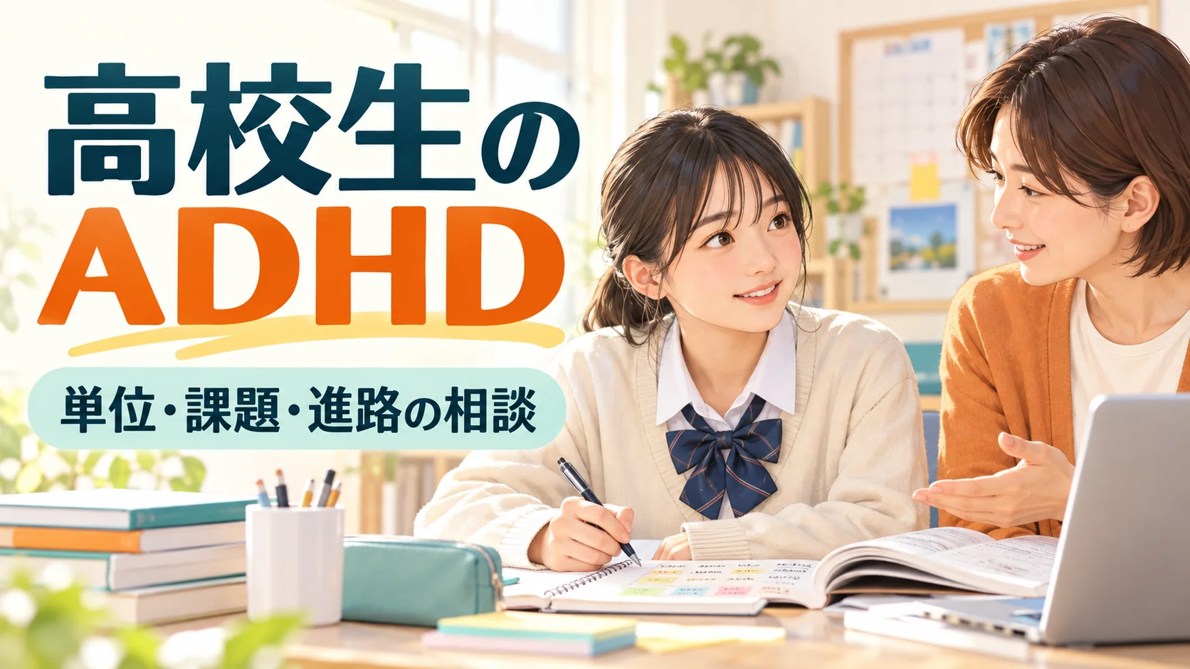 高校生のADHD｜単位・課題・進路で困ったときの選択肢｜タイトル入りサムネイル（AI生成）