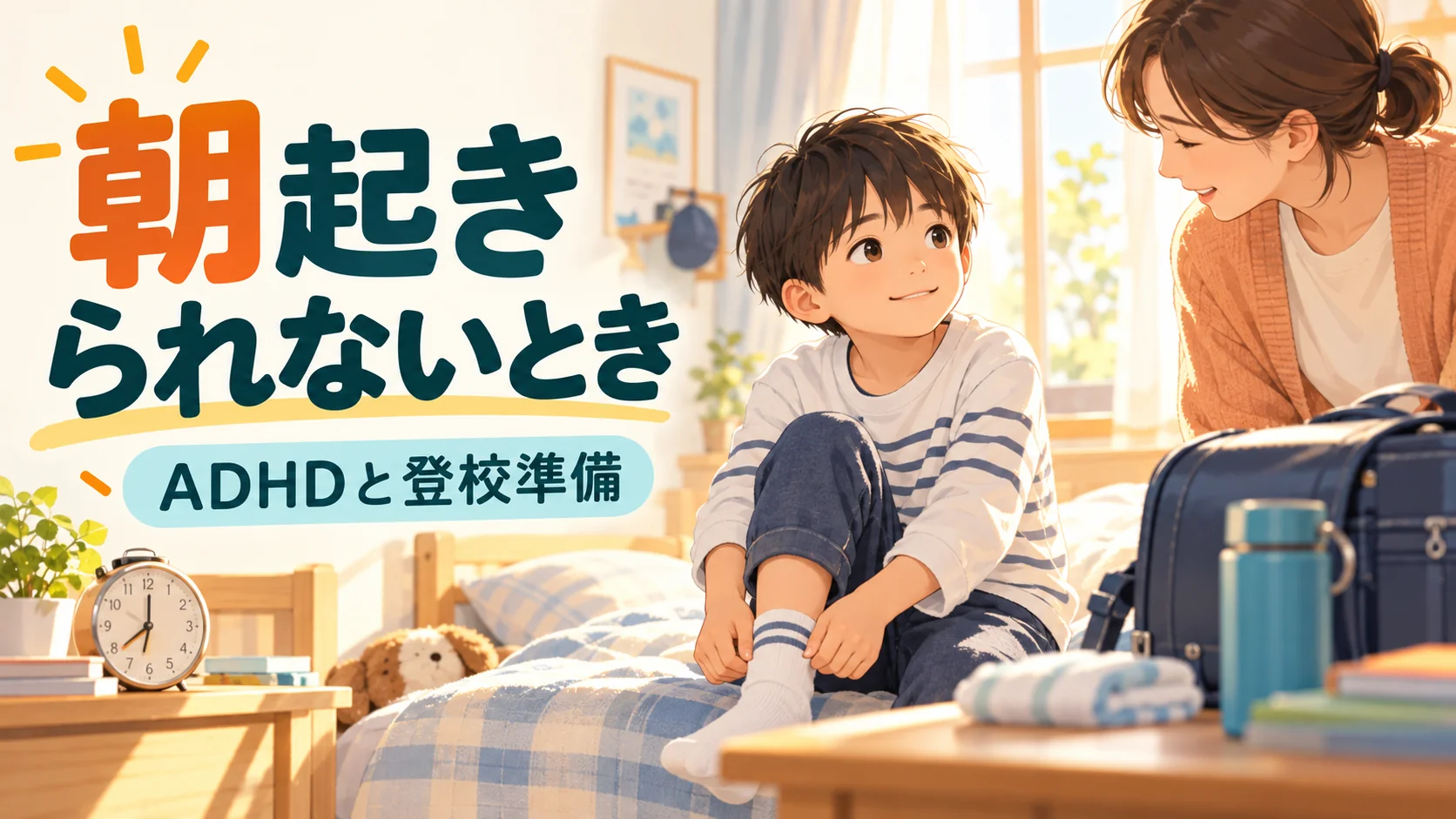 ADHDの子どもが朝起きられないとき｜登校準備と声かけ｜タイトル入りサムネイル（AI生成）