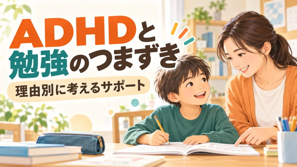 ADHDで勉強が進まない子ども｜理由別の学習サポート｜タイトル入りサムネイル（AI生成）