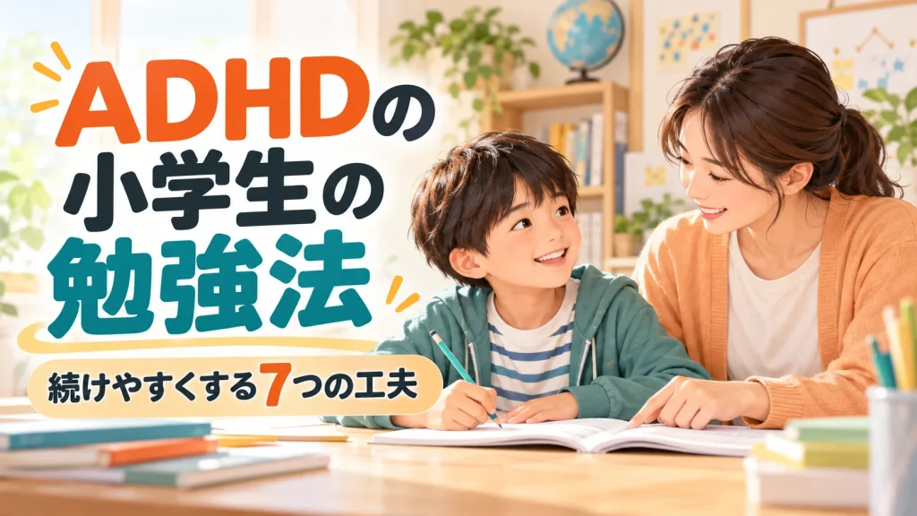 ADHDの小学生に合う勉強法7選｜集中より続けやすさ｜タイトル入りサムネイル（AI生成）