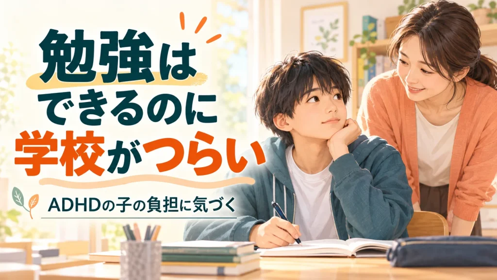 勉強はできるのに学校がつらいADHDの子｜見落としがちな困りごと｜タイトル入りサムネイル（AI生成）