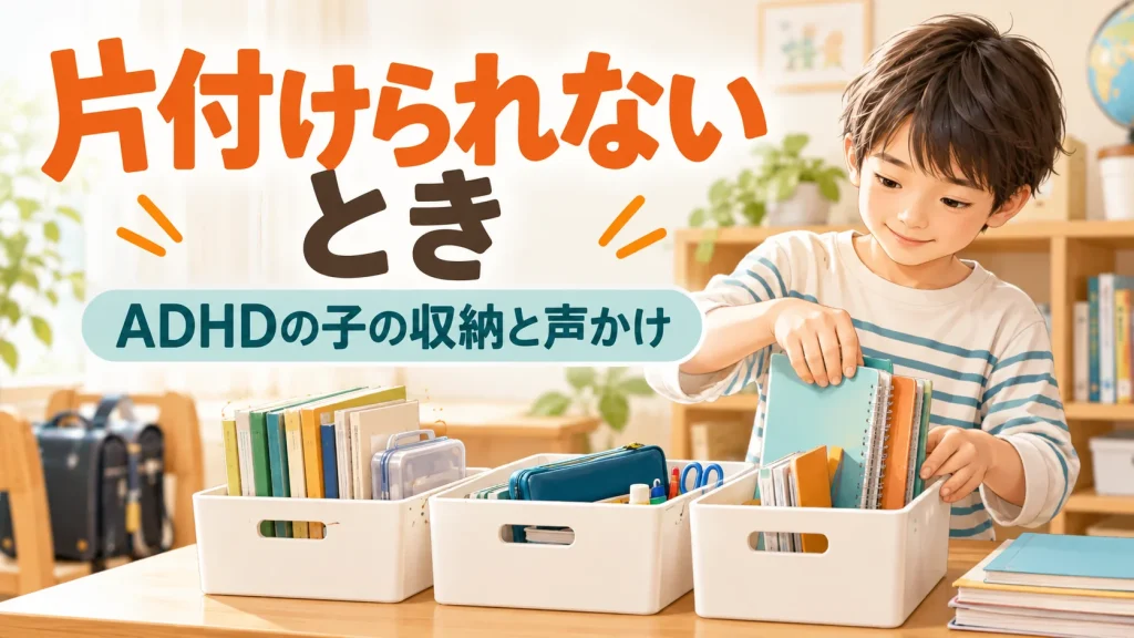 ADHDの子どもが片付けられないとき｜家庭で使える工夫｜タイトル入りサムネイル（AI生成）