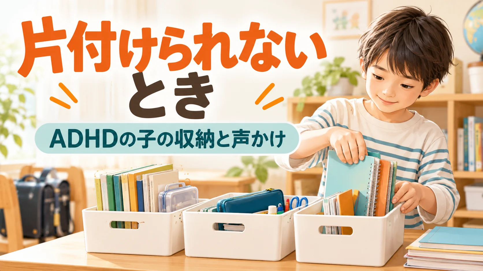 ADHDの子どもが片付けられないとき｜家庭で使える工夫｜タイトル入りサムネイル（AI生成）
