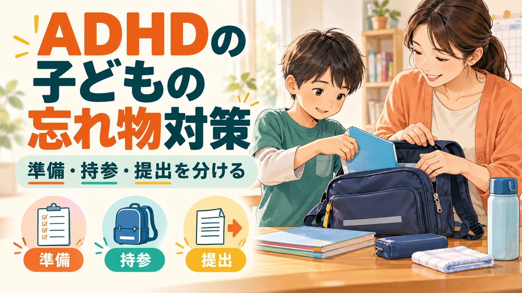 ADHDの子どもの忘れ物対策｜ランドセル・提出物の仕組み｜タイトル入りサムネイル（AI生成）