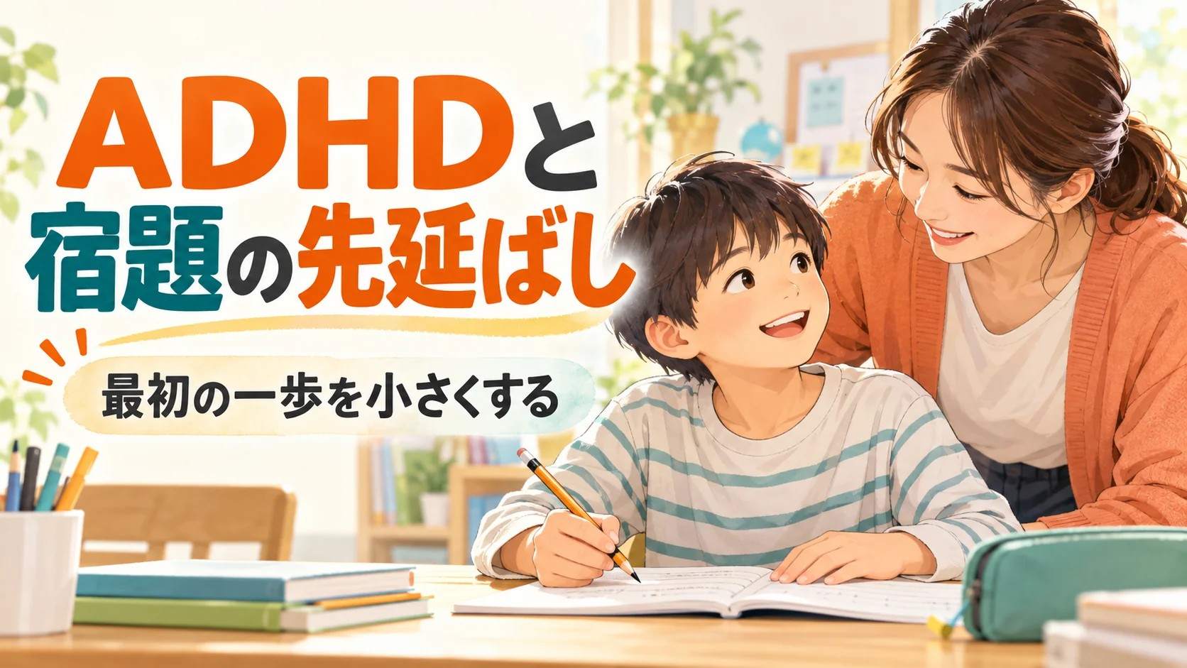ADHDの子どもの先延ばし｜宿題を始めるための工夫｜タイトル入りサムネイル（AI生成）
