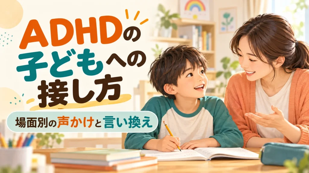 ADHDの子どもへの接し方｜場面別の言い換え例と声かけ｜タイトル入りサムネイル（AI生成）