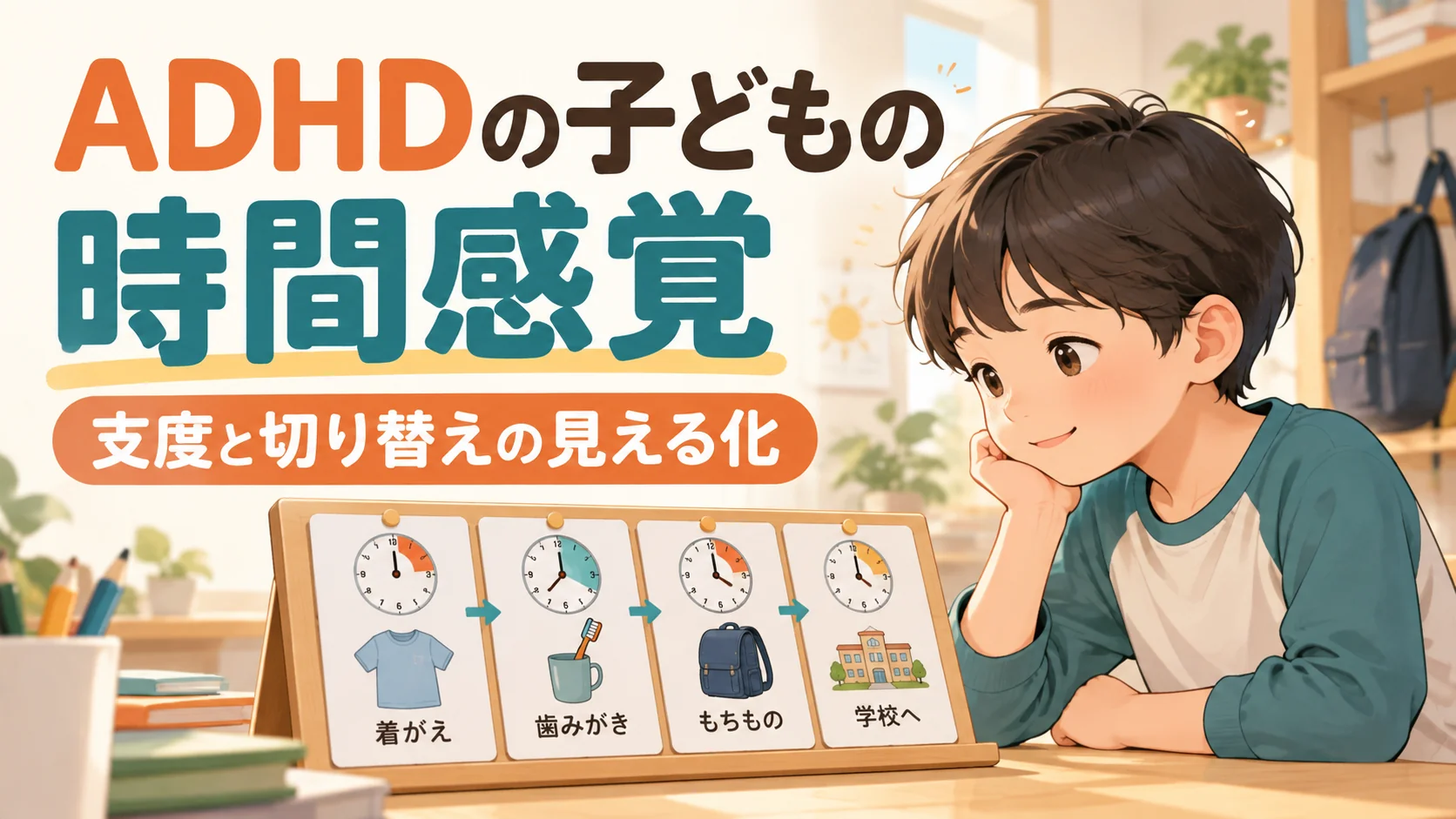 ADHDの子どもの時間感覚｜支度・切り替えの見える化｜タイトル入りサムネイル（AI生成）