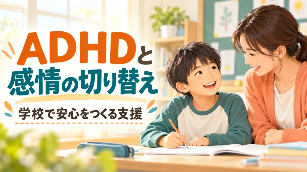 ADHDの感情コントロールが難しい子｜学校での切り替え支援｜タイトル入りサムネイル（AI生成）
