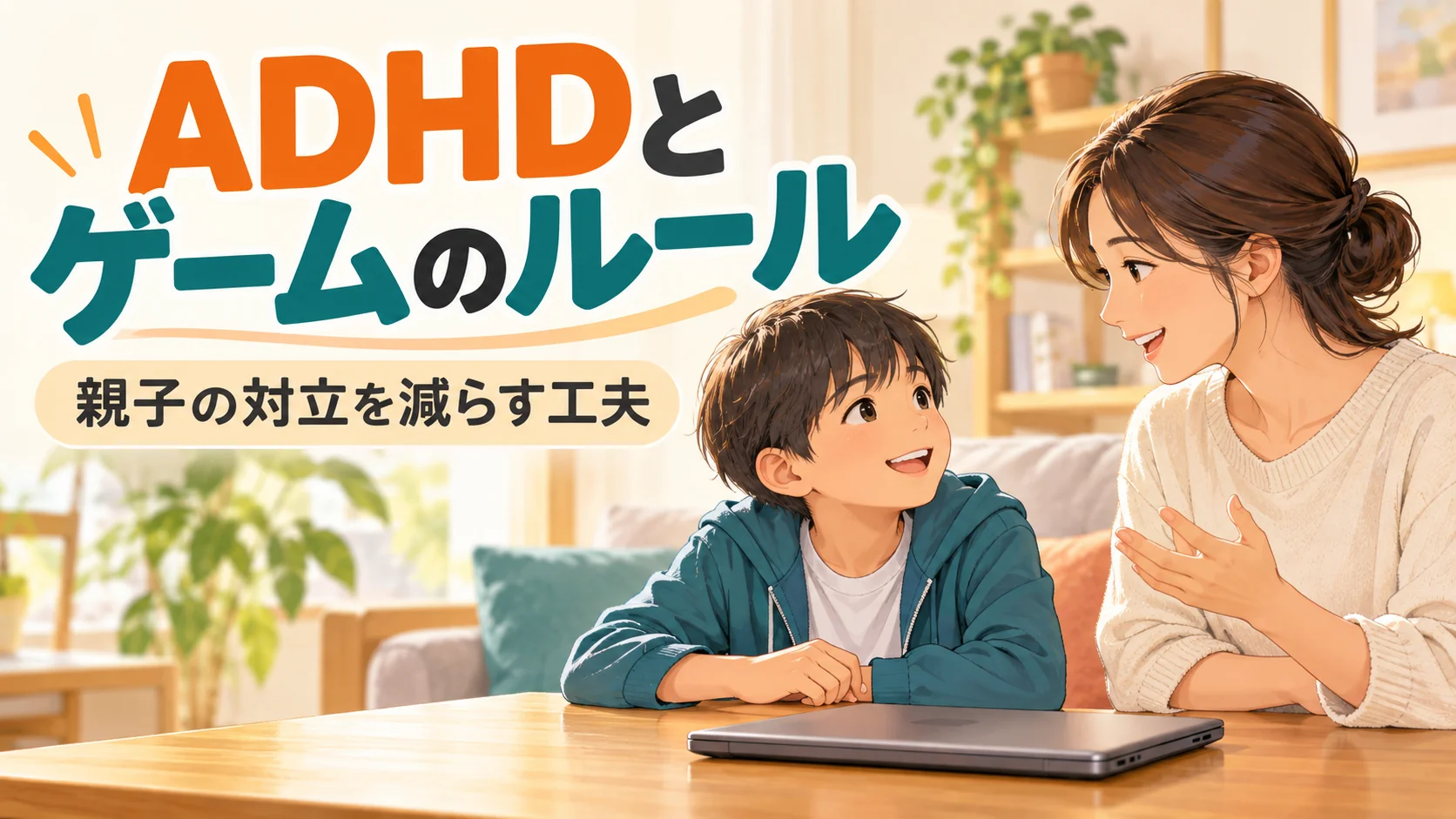 ADHDの子どもがゲームばかり｜親子で決めるルールと学びへの活用｜タイトル入りサムネイル（AI生成）