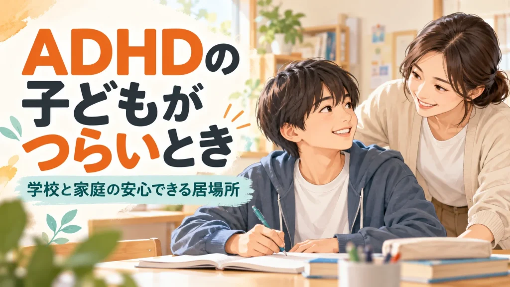 ADHDの子どもが「つらい」と言うとき｜学校と家庭の居場所｜タイトル入りサムネイル（AI生成）