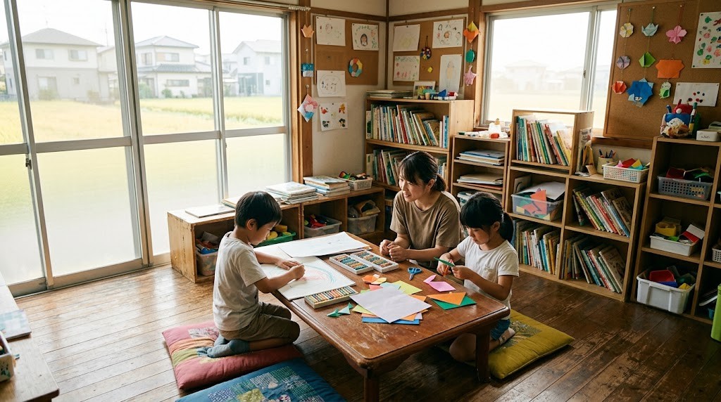 上尾市のフリースクール・居場所で、不登校の小学生がスタッフと一緒に絵を描いて過ごしている場面（イメージ）