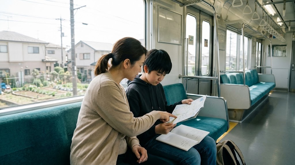 上尾市から大宮方面のフリースクール見学へ、不登校の中学生と保護者が高崎線の車内で行き先を確かめている場面（イメージ）