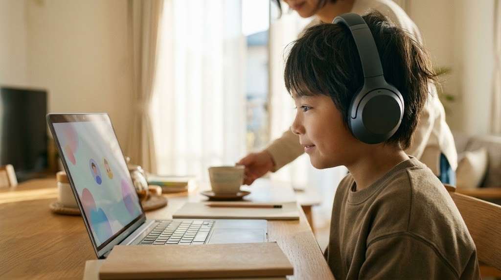 上尾市の自宅から、不登校の小学生がオンラインのフリースクールの授業にパソコンで参加している場面（イメージ）