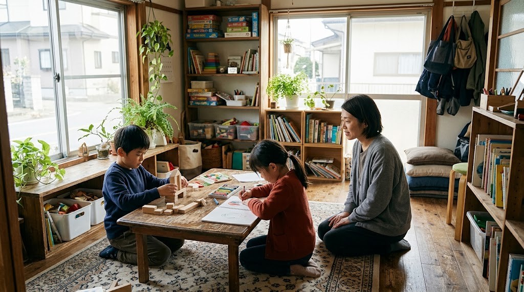安城市のフリースクールをイメージした部屋で、小学生がスタッフに見守られながらブロックやお絵かきをして過ごしている場面（イメージ）