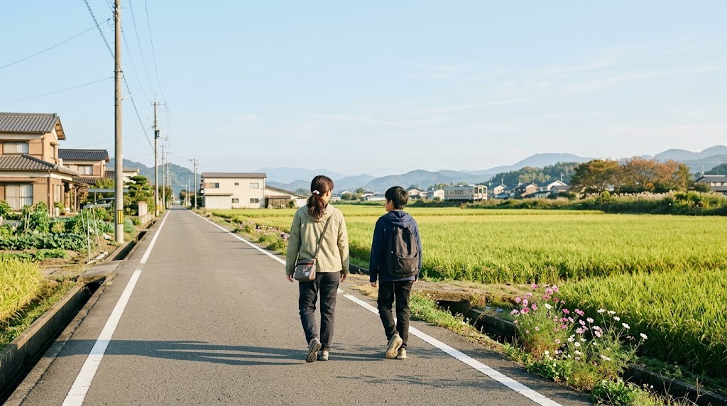 安城市周辺の田んぼ沿いの道を、不登校の中学生と保護者がフリースクールの見学に向かって並んで歩いている場面（イメージ）