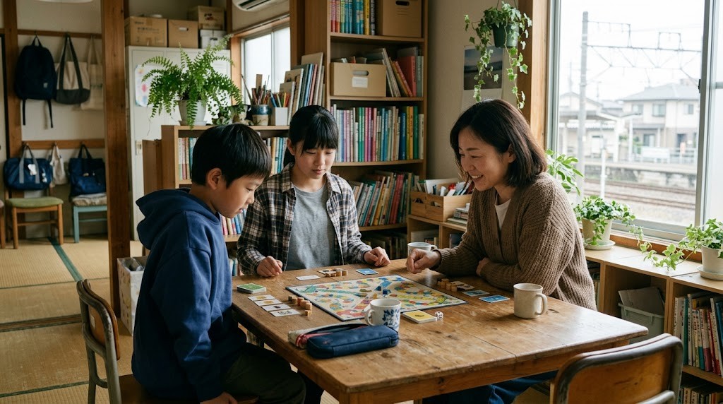 厚木市周辺のフリースクールで、不登校の小中学生がスタッフとボードゲームをして過ごしている場面（イメージ）