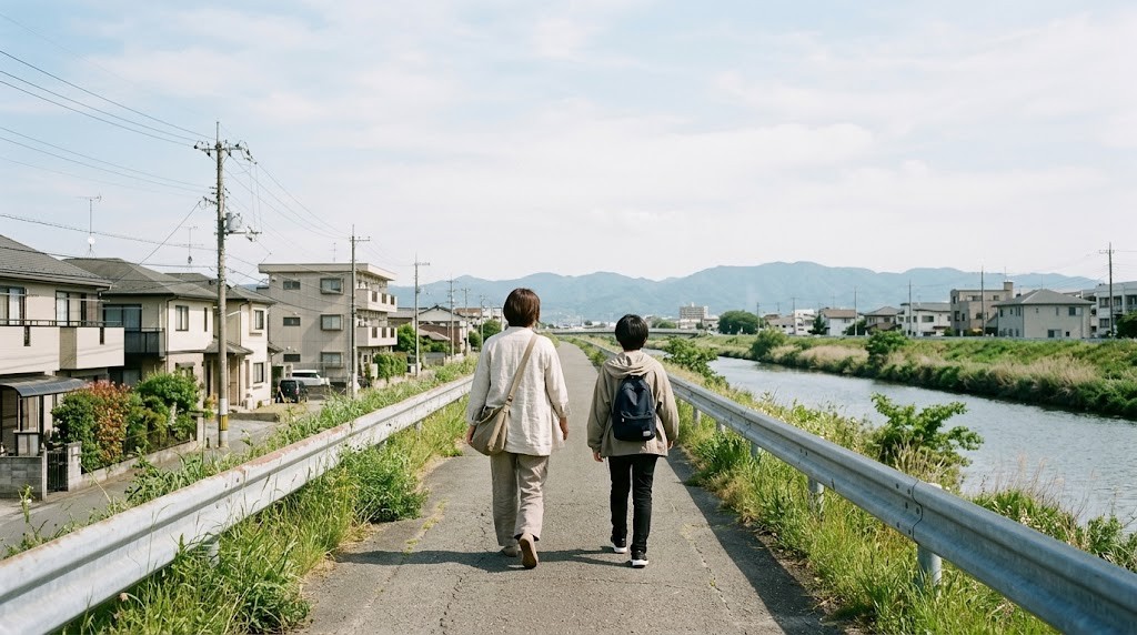 厚木市でフリースクールの見学に向かう、不登校の中学生と保護者が川沿いの道を並んで歩いている場面（イメージ）