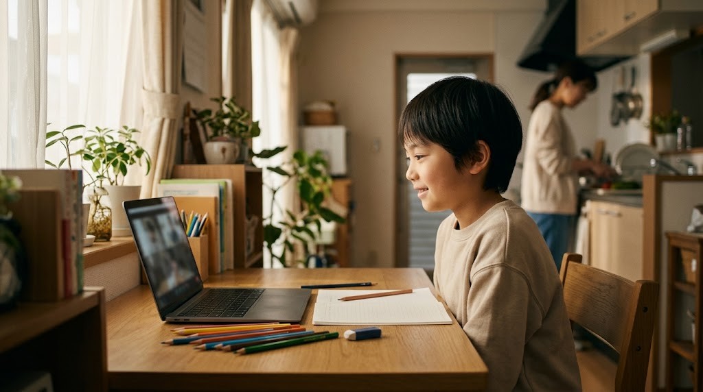厚木市の自宅からオンラインのオルタナティブスクールの授業に参加している不登校の小学生の場面（イメージ）