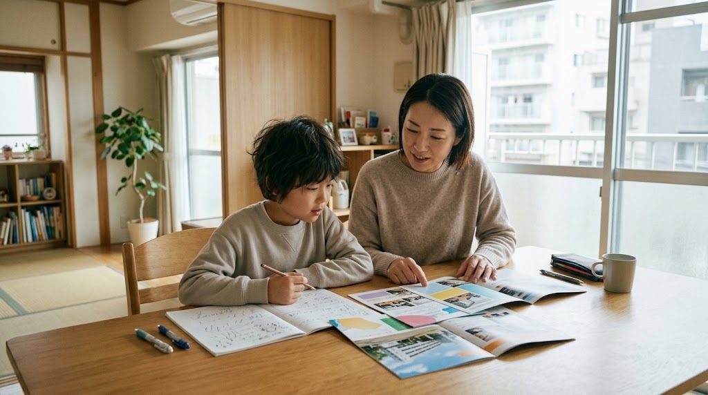 千代田区の私立小学校の資料を親子で見比べながら、学費や転入編入を書き出す場面（イメージ）