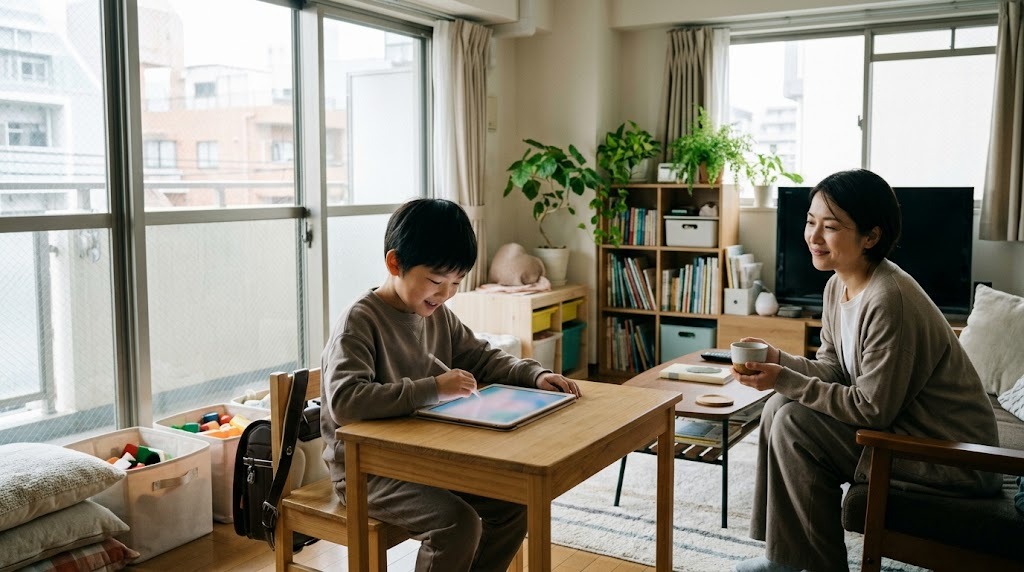 千代田区の自宅のリビングで、子どもがタブレットでオンラインの学びに参加し、保護者が見守る場面（イメージ）