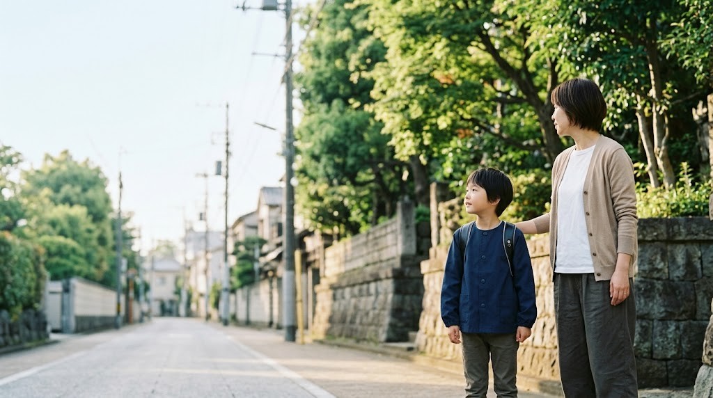 千代田区の朝の歩道を親子で歩く様子。私立小学校への通学や環境を変えることを考える場面（イメージ）