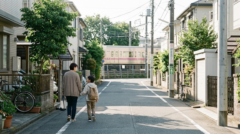 調布市の住宅街を歩く親子。不登校の子のフリースクール見学に向かう場面（イメージ）