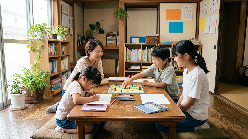 調布市周辺のフリースクールで、異なる学年の子どもたちがボードゲームやお絵かきをして過ごす場面（イメージ）