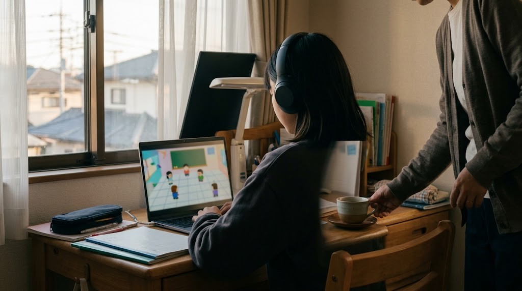 調布市の自宅からオンラインのオルタナティブスクール（メタバース校舎）の授業に参加する中学生の場面（イメージ）