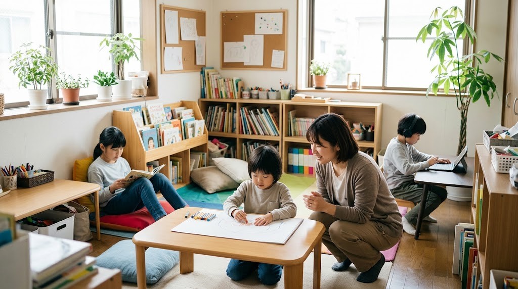不登校の子どもが少人数の教室で思い思いに学ぶオルタナティブスクールの場面（イメージ）