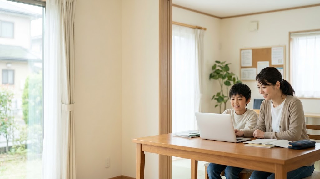 海老名市のフリースクールを探す親子が、明るい学習室でパソコンを一緒に見る場面（イメージ）