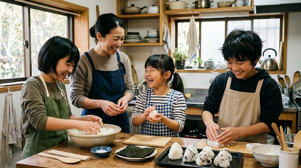 フリースクールでおにぎりを作る子どもたちとスタッフ（府中市の記事・イメージ）