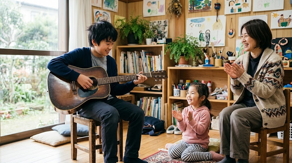 フリースクールでギターを弾く不登校の中学生と仲間（府中市の記事・イメージ）