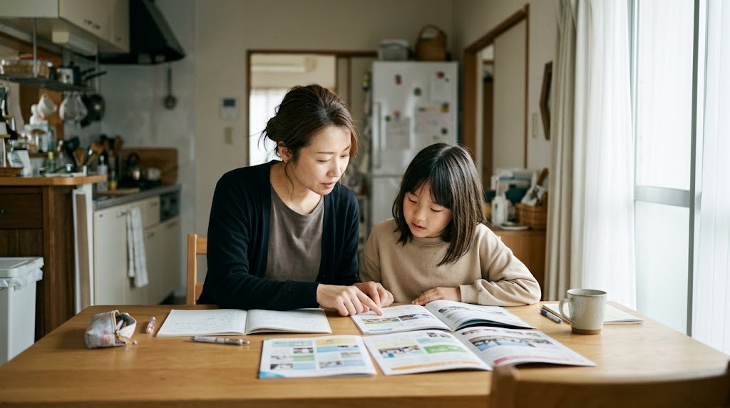 福岡市で私立小学校の資料を見ながら、転入や環境を変える方法を話し合う親子（イメージ）