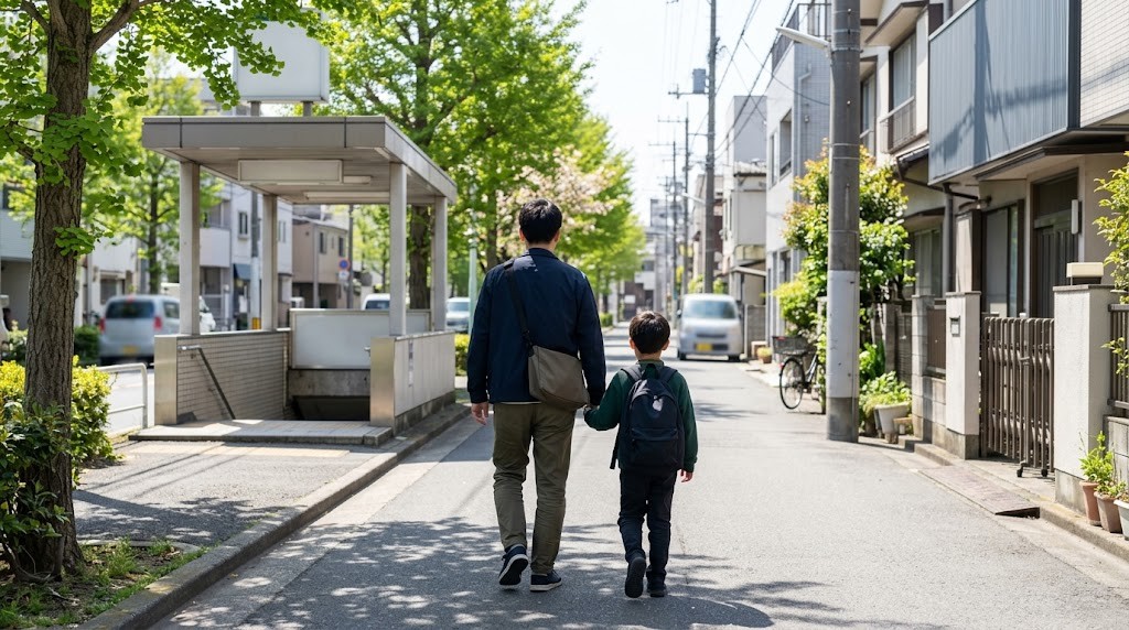 福岡市内で私立小学校への通学経路を確かめながら駅へ歩く親子（イメージ）