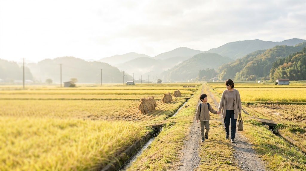 秦野市の田んぼの道を親子で歩く場面（イメージ）