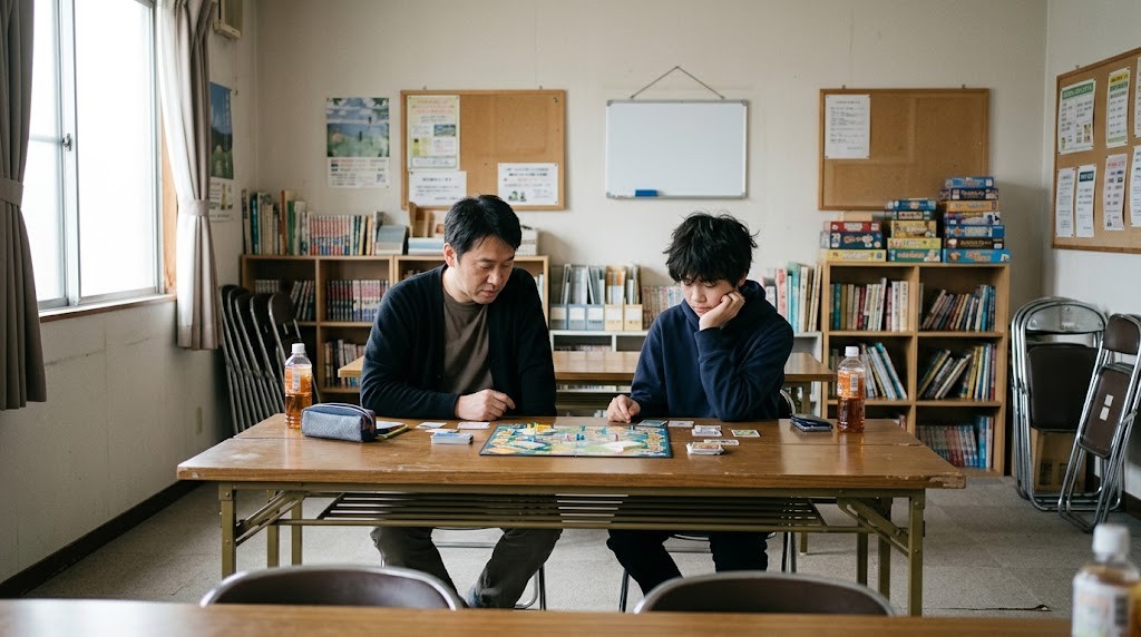 秦野市の不登校の子どもの居場所で、中学生と大人がボードゲームをしている場面（イメージ）