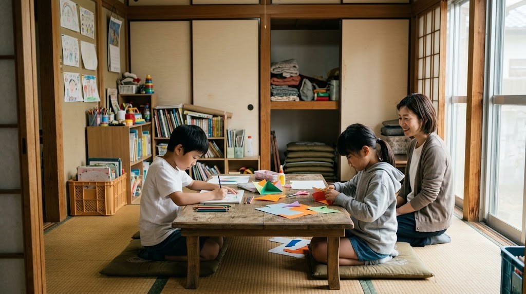 東村山市周辺のフリースクール・居場所で、不登校の小学生がスタッフと一緒に工作をして過ごしている場面（イメージ）