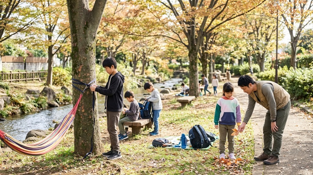 東村山市の近くの公園で、フリースクールの子どもたちが野外活動を楽しんでいる場面（イメージ）