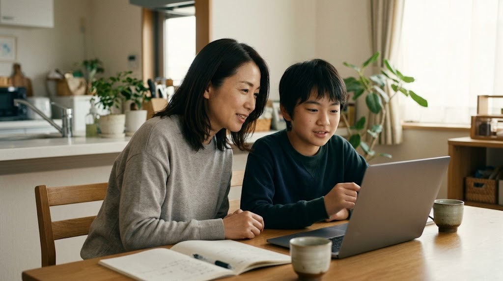 東村山市で不登校の子どもと保護者が、自宅でフリースクールの情報を一緒に調べている場面（イメージ）