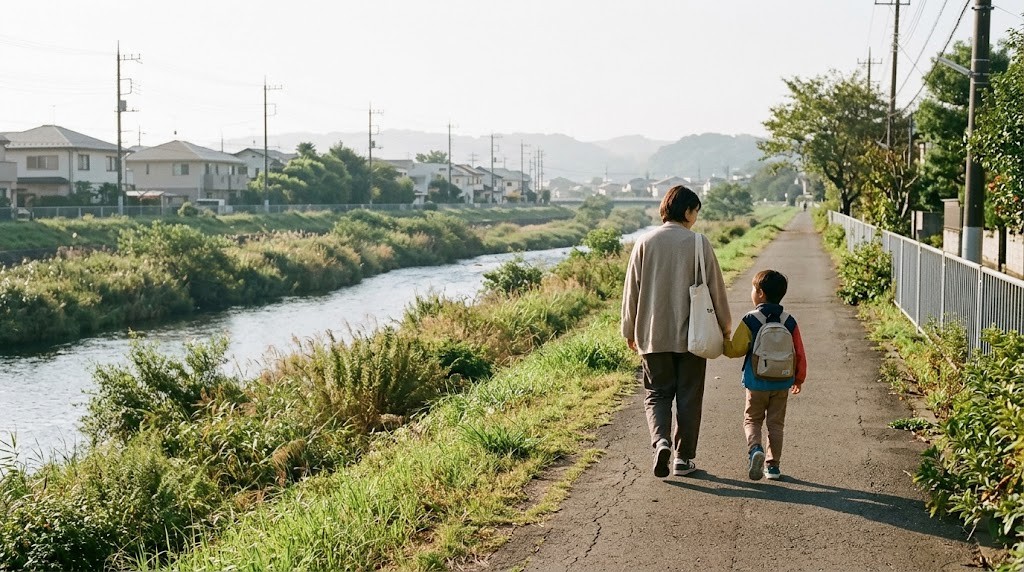 日野市の浅川沿いをフリースクールの見学に向かって歩く不登校の小学生と保護者（イメージ）
