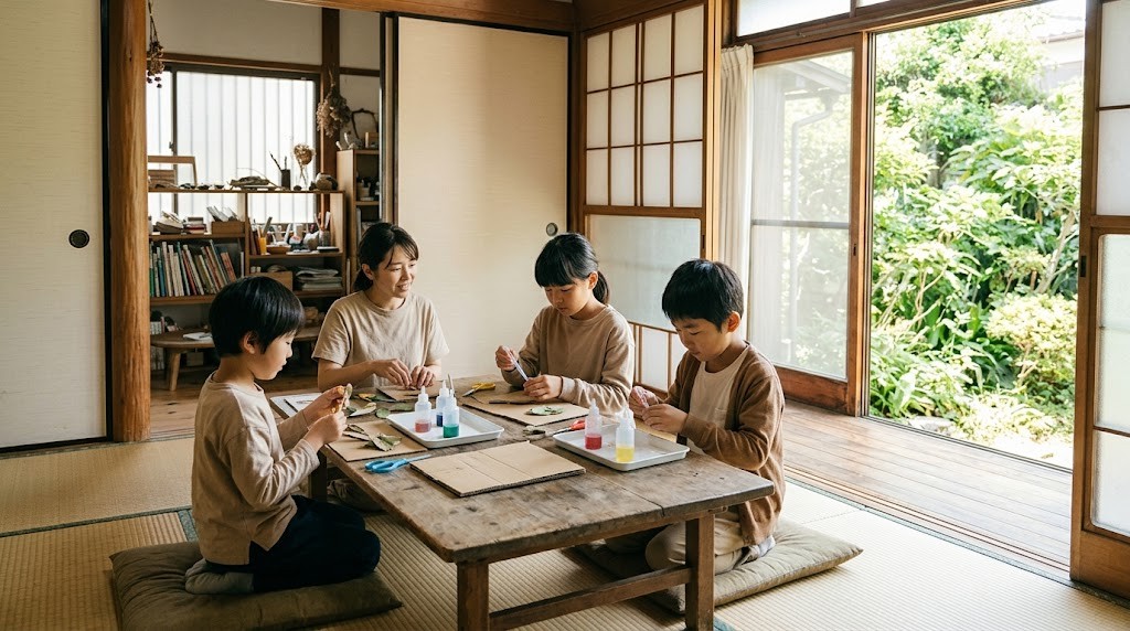 日野市のフリースクールで工作や実験の体験活動に取り組む小中学生とスタッフ（イメージ）