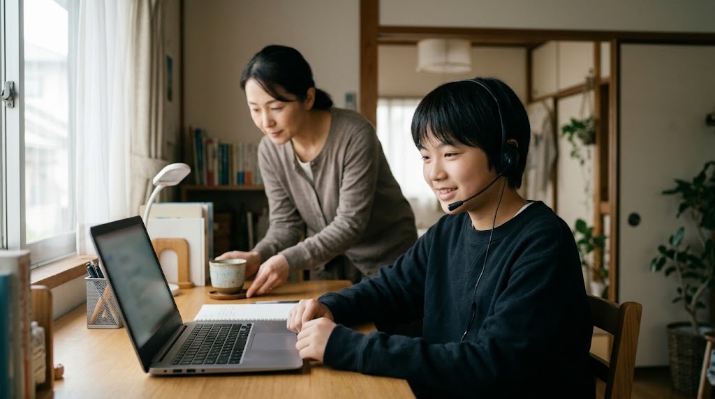 日野市の自宅からオンラインのオルタナティブスクールの授業に参加する不登校の中学生（イメージ）
