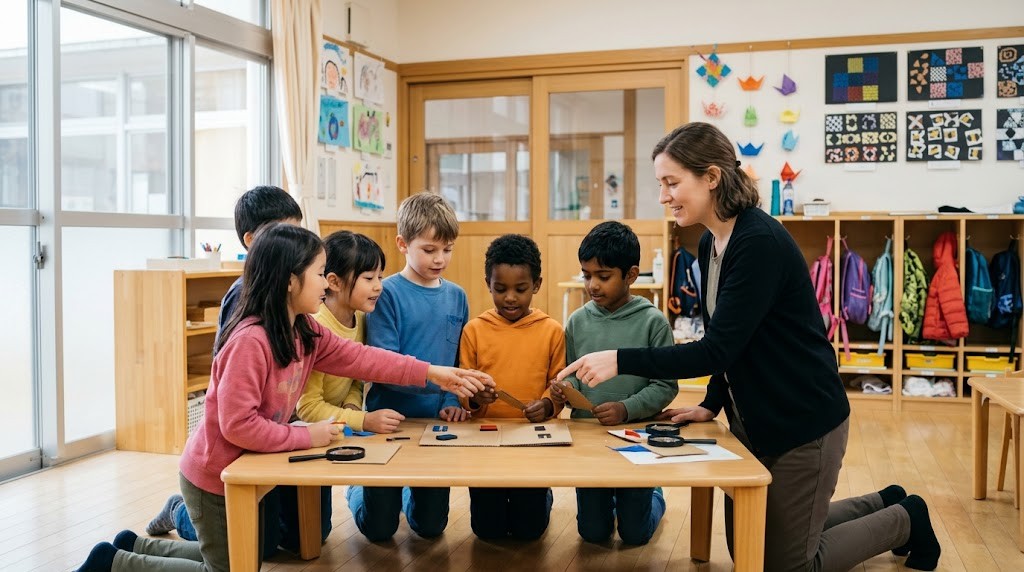 広島市のインターナショナルスクールをイメージした教室で、小学生がグループで探究学習に取り組む場面(イメージ)