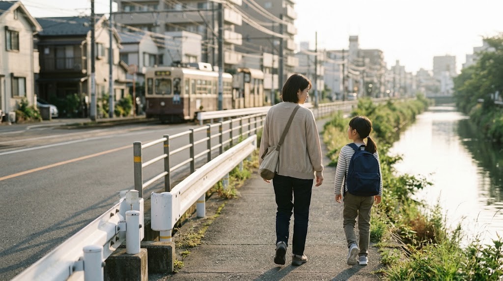 広島市でインターナショナルスクールへの通学を考える親子が、朝の川沿いの道を歩いている場面(イメージ)