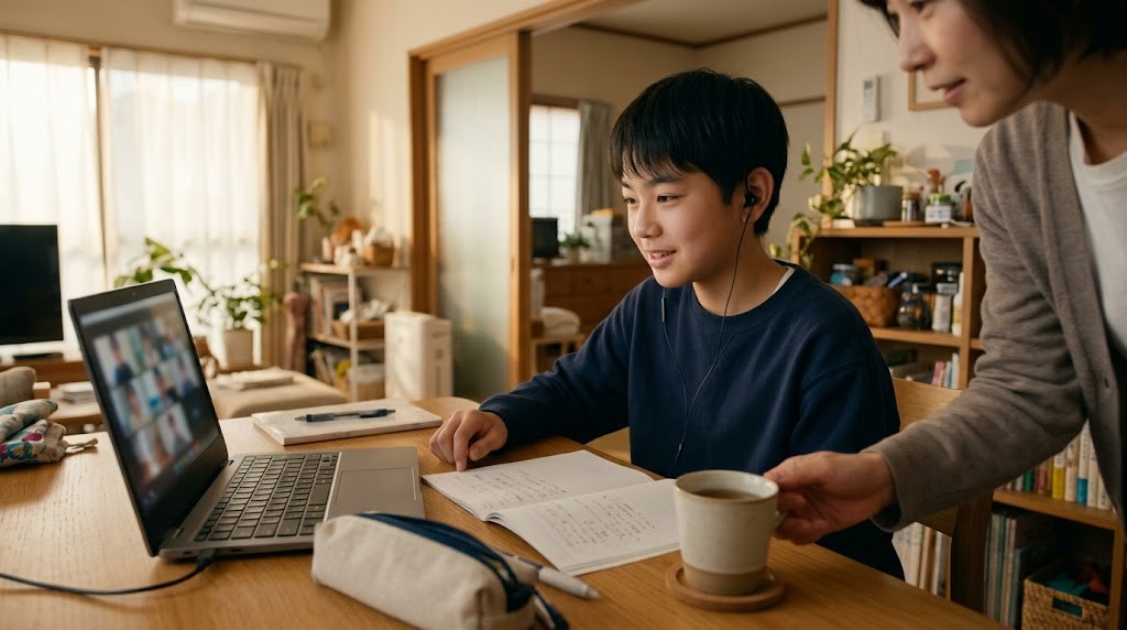 広島市の自宅からオルタナティブスクールのオンライン授業に参加する中学生と、見守る保護者の場面(イメージ)