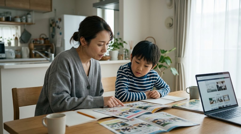広島市で私立小学校の資料を見比べながら、転入・編入や学費について話し合う親子（イメージ）