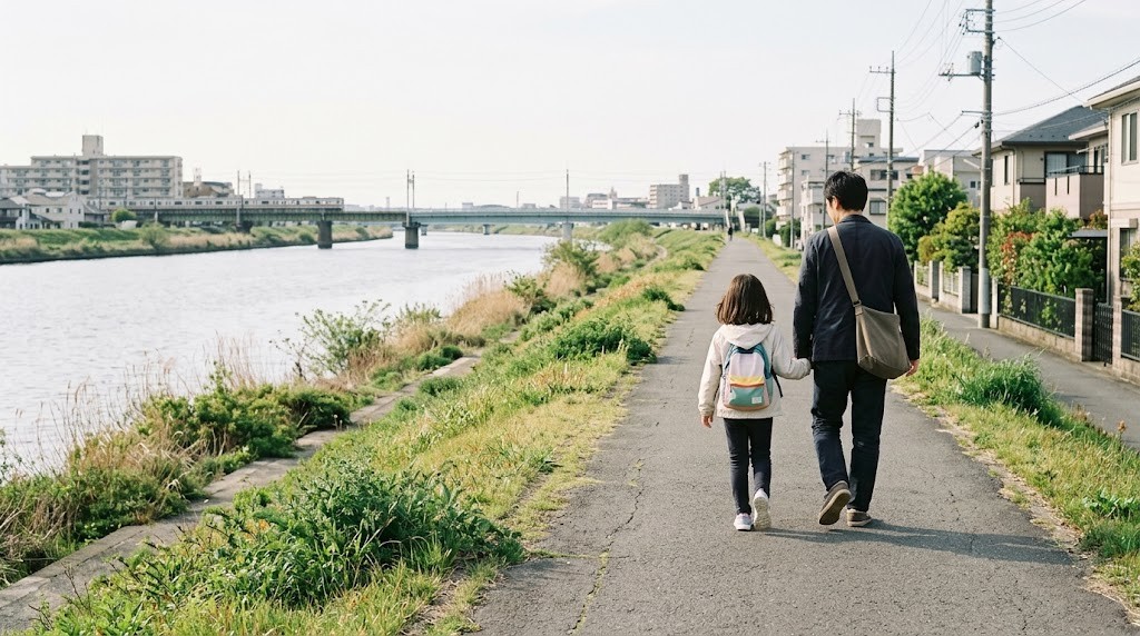 広島市の川沿いの道を歩いて、私立小学校の見学に向かう小学生と保護者（イメージ）